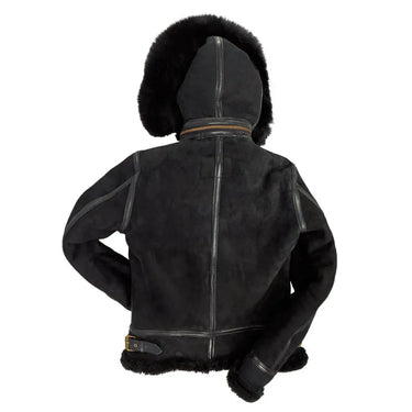 Back view of the black Cockpit USA Hooded B-3 Suede and sheepskin Bomber Jacket for women