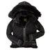Cockpit USA Women’s Hooded B-3 Bomber Jacket in black color suede, front view with fur-trimmed hood made in USA