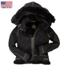 Cockpit USA Women’s Hooded B-3 Bomber Jacket in black color suede, front view with fur-trimmed hood made in USA