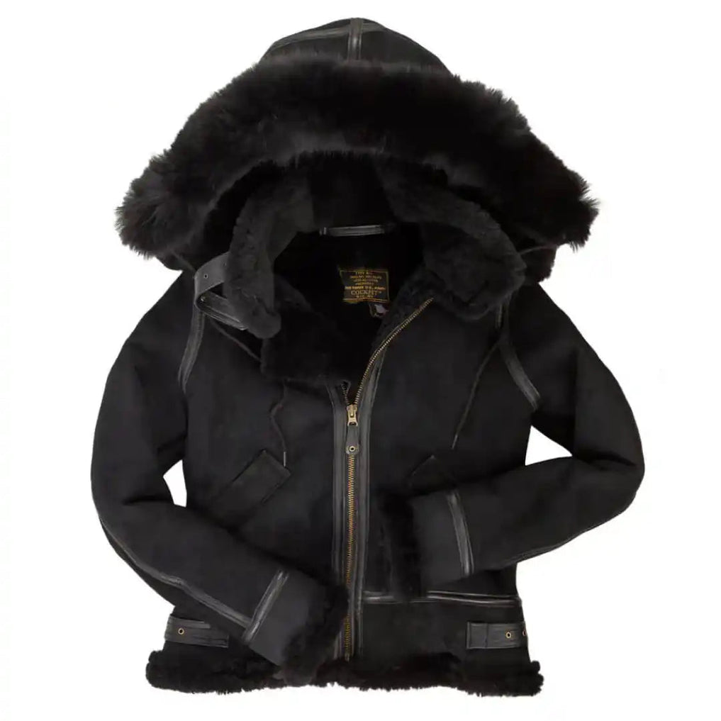 Cockpit USA Women’s Hooded B-3 Bomber Jacket in black color suede, front view with fur-trimmed hood made in USA