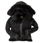 Cockpit USA Women’s Hooded B-3 Bomber Jacket in black color suede, front view with fur-trimmed hood made in USA