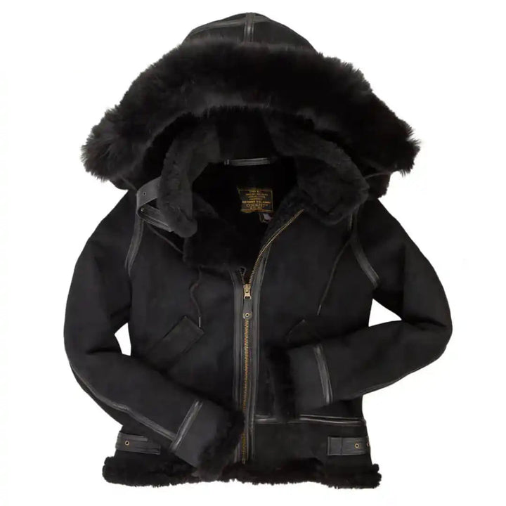 Cockpit USA Women's Hooded B-3 Sheepskin Bomber Jacket (Black,Tan or Brown)