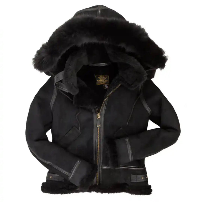 Cockpit USA Women’s Hooded B-3 Bomber Jacket in black color suede, front view with fur-trimmed hood made in USA