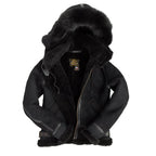 Cockpit USA Women’s Hooded B-3 Bomber Jacket in black, unzipped front showing interior lining