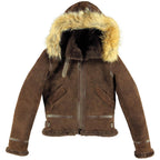 Front view of the Cockpit USA Women’s Hooded B-3 Bomber Jacket in brown with fur hood