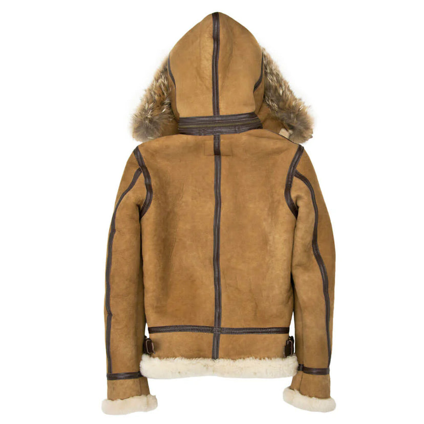 Rear view of the tan Cockpit USA Women’s Hooded B-3 Bomber Jacket with fur hood