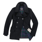 Front and open view of the Cockpit USA Women's Navy Peacoat showcasing interior plaid lining and tag.