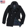 Front and open view of the Cockpit USA Women's Navy Peacoat showcasing interior plaid lining and tag.