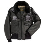 Front view of the Cockpit USA Women's Stealth Top Gun Jacket in black leather with military-style patches and a shearling collar.