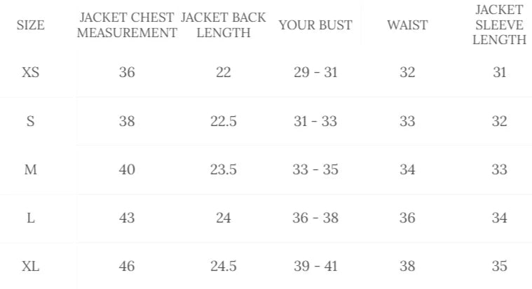 Cockpit USA Women's Stealth Top Gun Jacket — size chart