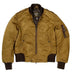 Front view of the Cockpit USA Women's The Jenny MA-1 Nylon Flight Jacket in gold with brown knit cuffs made in USA