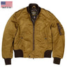 Front view of the Cockpit USA Women's The Jenny MA-1 Nylon Flight Jacket in gold with brown knit cuffs made in USA