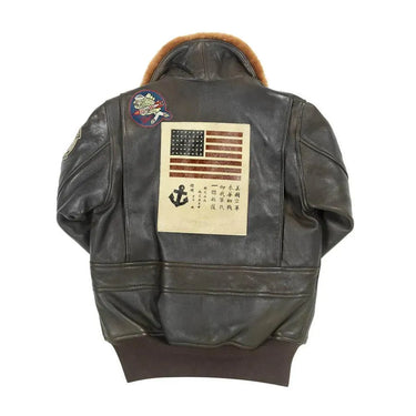 Back view of the jacket featuring a vintage-style American flag and anchor patch with Chinese characters.