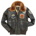 Front view of the Cockpit USA Women's Top Gun Flight Jacket in brown leather with patches and a shearling collar.