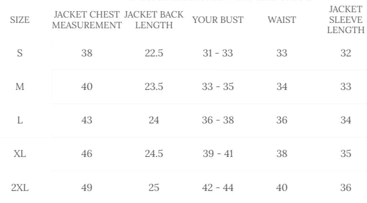 Cockpit USA Women's Top Gun Flight Jacket size chart