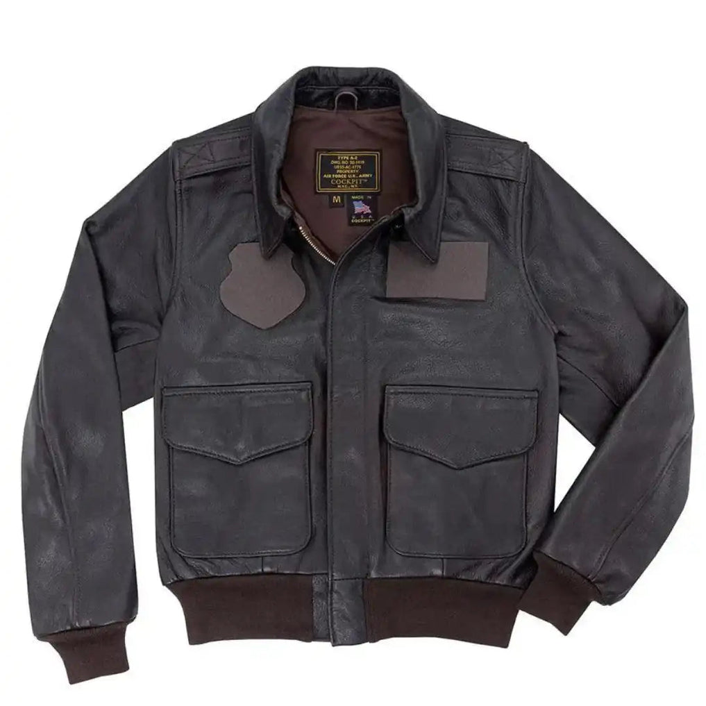 Front view of the Cockpit USA Women's U.S.A.F. 21st Century A-2 Jacket in dark brown leather with velcro patches.