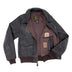 Interior view of the A-2 Jacket showing brown lining, inner pocket, and branding details.