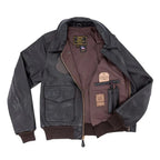 Interior view of the A-2 Jacket showing brown lining, inner pocket, and branding details.