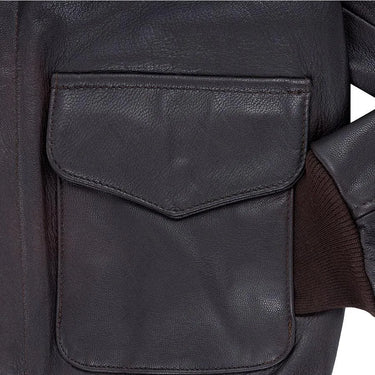 Close-up of the flap pocket showing leather texture and stitching on the A-2 Jacket.