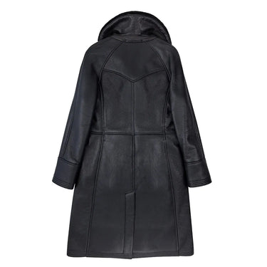 Back view of the trench jacket highlighting long silhouette and clean panel stitching
