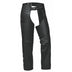 Front-facing view of women's lambskin leather chaps, with brand detailing visible