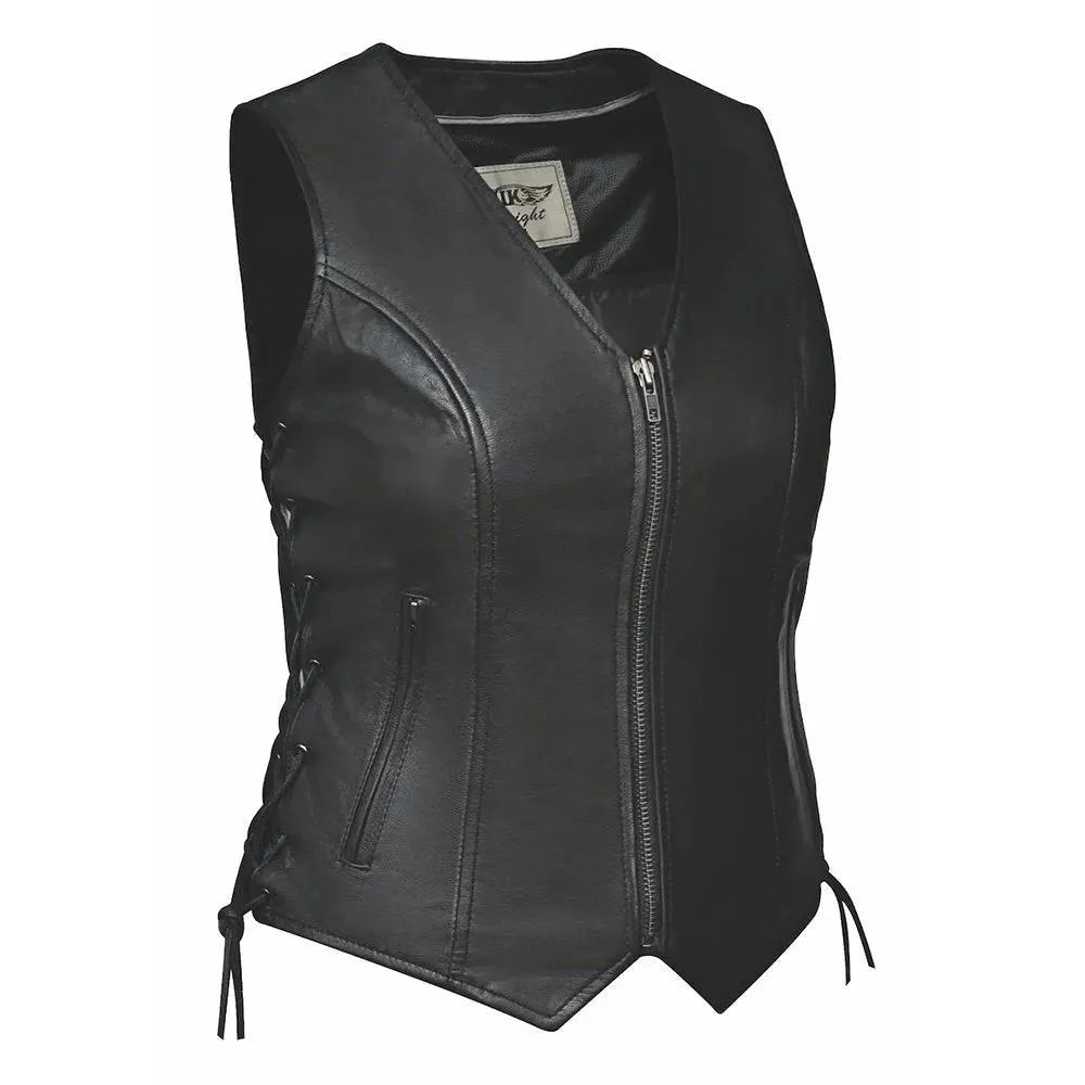 Main product view of women's leather motorcycle vest, with brand detailing visible