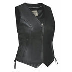 Main product view of women's leather motorcycle vest, with brand detailing visible