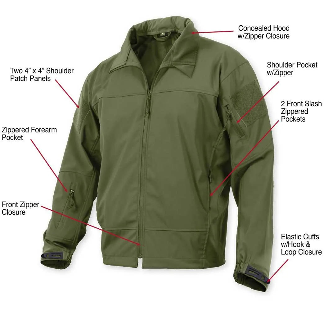 Front-facing view of Covert Ops Soft Shell Jacket by Rotcho, shown on plain studio background