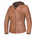 Main view of Unik women's tan leather motorcycle jacket, shown on plain studio background