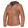 Main view of Unik women's tan leather motorcycle jacket, shown on plain studio background