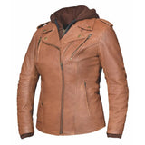 Main view of Unik women's tan leather motorcycle jacket, shown on plain studio background