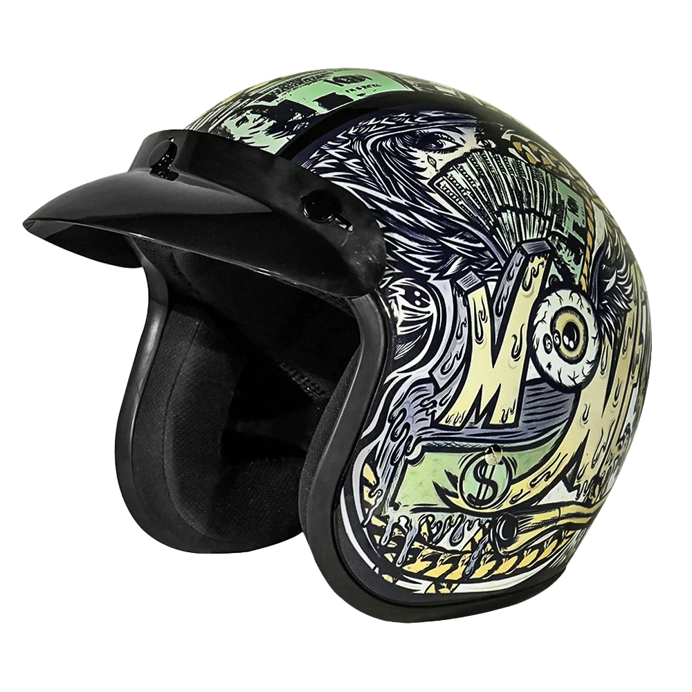 Daytona Cruiser Open Face Motorcycle Helmet - Visor & Graphics - Money | DOT Approved