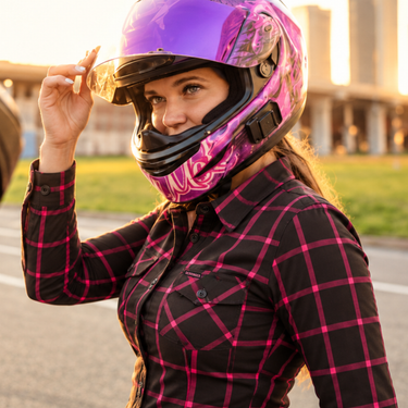 Women's Derringer x LowLife Breast Cancer Plaid Flannel Riding Shirt - Black/Pink