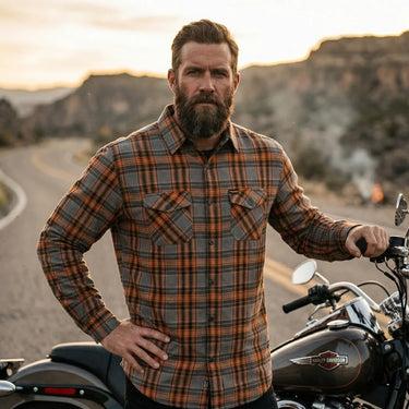 Legendary No Life™ Plaid Flannel Riding Shirt Grey/Blue/Orange Men's Limited Edition front view showing the blue flannel