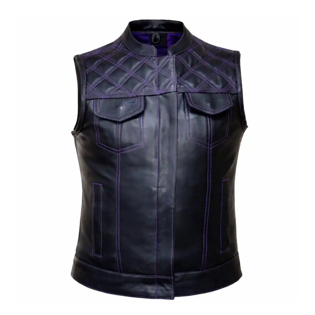 Front-facing view of women's diamond stitch purple motorcycle vest, with brand detailing visible