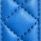 Close-up of blue leather belt with matching blue diamond stitching and soft padded finish, Made in USA