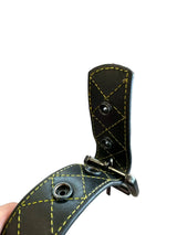 View of the removable buckle snap system on yellow-stitched diamond leather belt, Made in USA