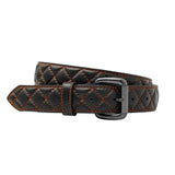 Black leather belt with bright orange diamond stitching and classic buckle, Made in USA