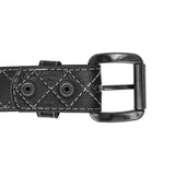 Close-up of buckle snap system and white stitching on genuine cowhide leather belt, Made in USA