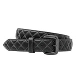 Black cowhide belt with white diamond quilting and gunmetal buckle, Made in USA