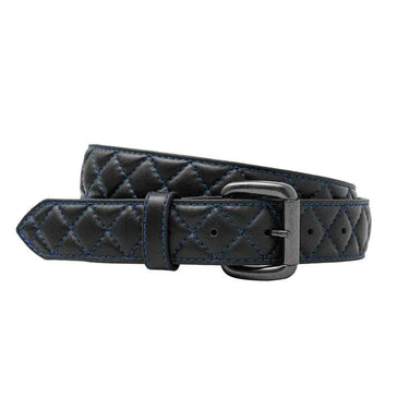 Women's diamond stitched genuine cowhide leather belt with blue contrast stitching, 1.5 inch width