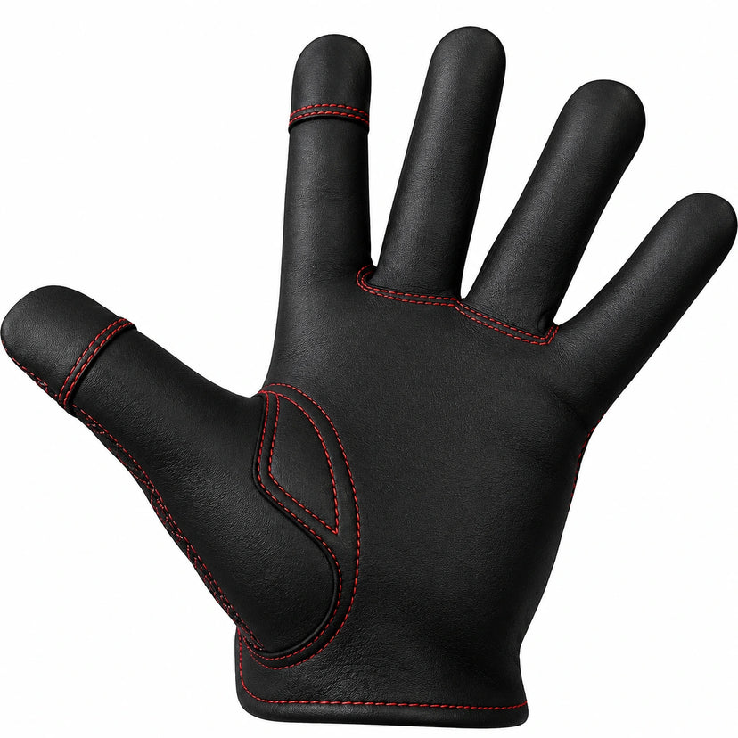 Close-up of the stitching and construction on the Red Double-Diamond Touchscreen Gloves made in USA