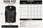 Size chart for the Legendary Dixon Men's Leather Motorcycle Vest with body measurements to help find your fit made in USA