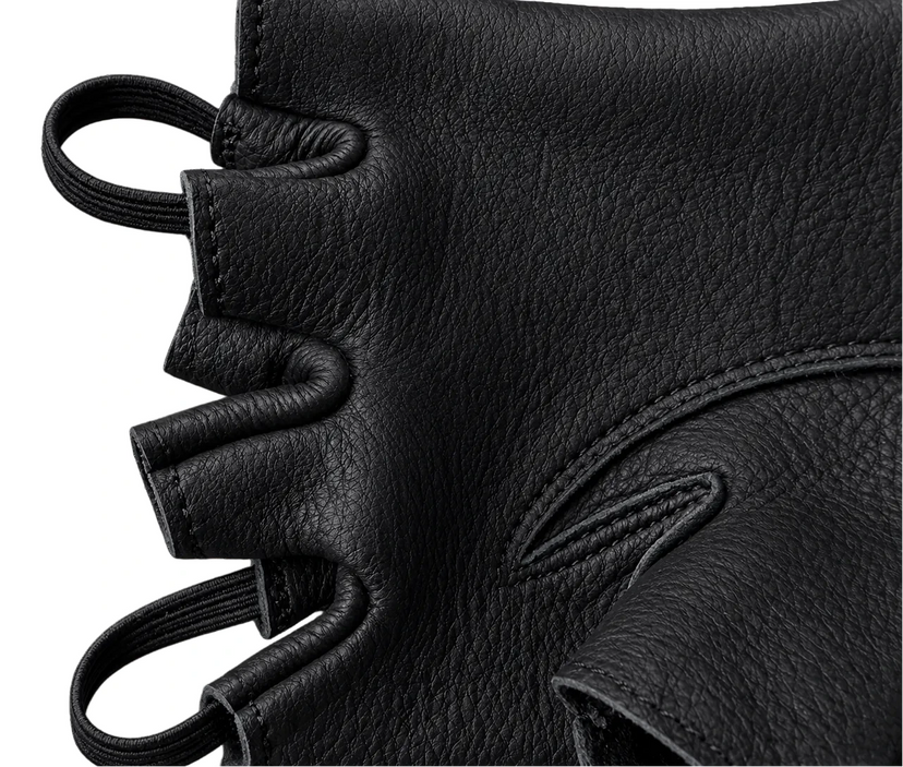 Detail view of the Fingerless Deerskin Gloves highlighting its features made in USA