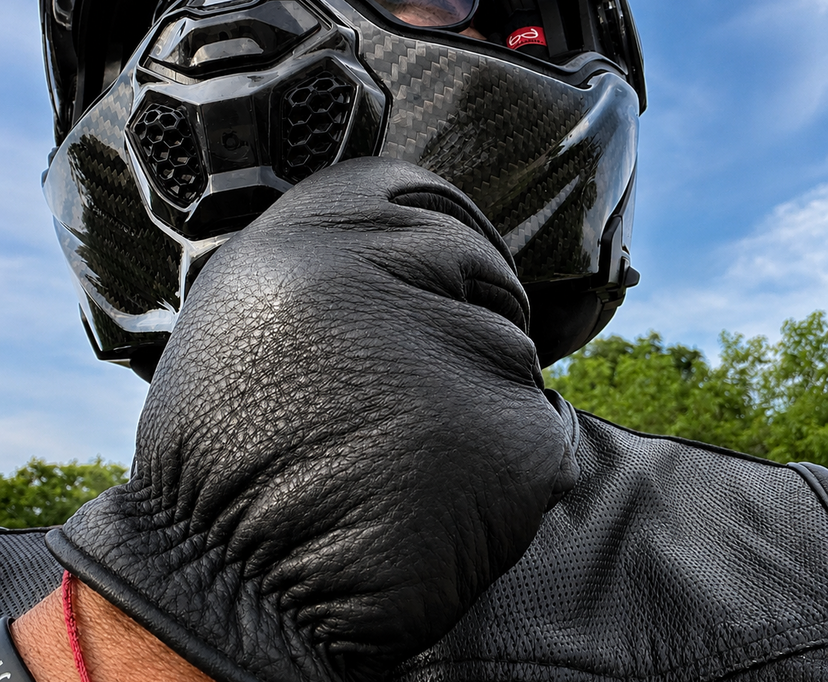 A close-up lifestyle shot of a person wearing a black full-face motorcycle helmet with a carbon fiber pattern visor, a black leather riding glove, and a black leather jacket, set against a blue sky with green trees.