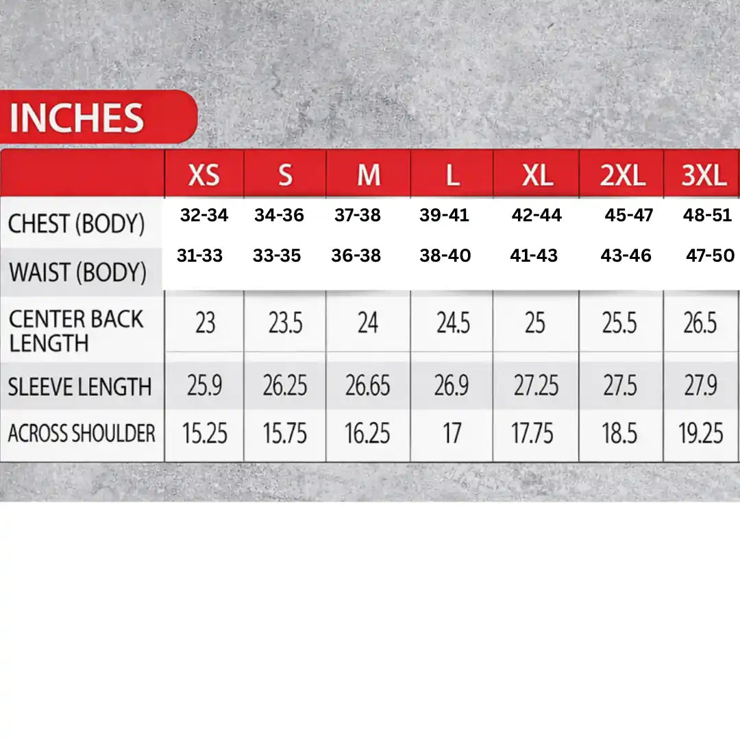 Gator Skin Long Sleeve Cold Weather Base Layer size chart in inches with clothing measurements table on gray background
