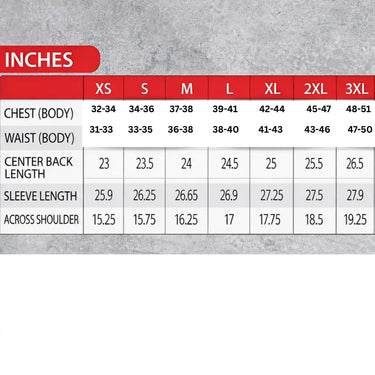 Gator Skin Long Sleeve Cold Weather Base Layer size chart in inches with clothing measurements table on gray background