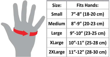 Motorcycle glove sizing chart for hand measurement and fit guide, made in USA
