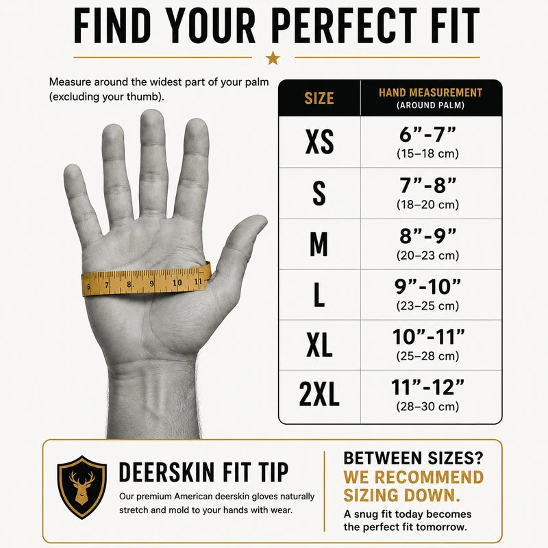 Size chart for the Spitfire Rust/Black Gloves with body measurements to help find your fit made in USA