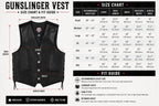 Size chart for the Legendary Gunslinger Men's Leather Vest with body measurements to help find your fit made in USA